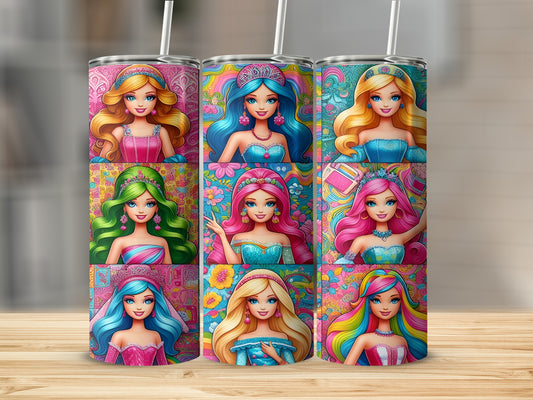 Nine vibrant illustrations of Barbie dolls in various outfits and hairstyles, arranged in a grid.