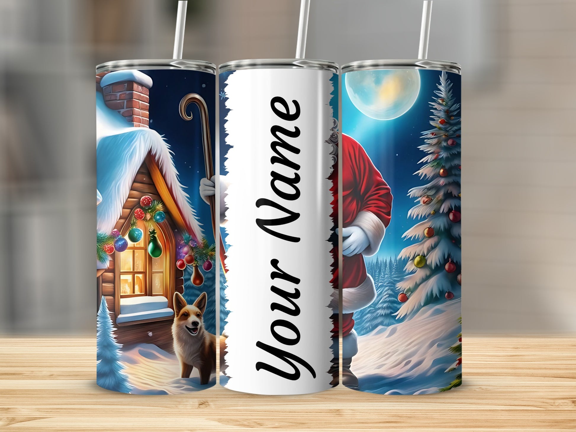 Personalized Christmas Theme Tumbler With Cute Dog