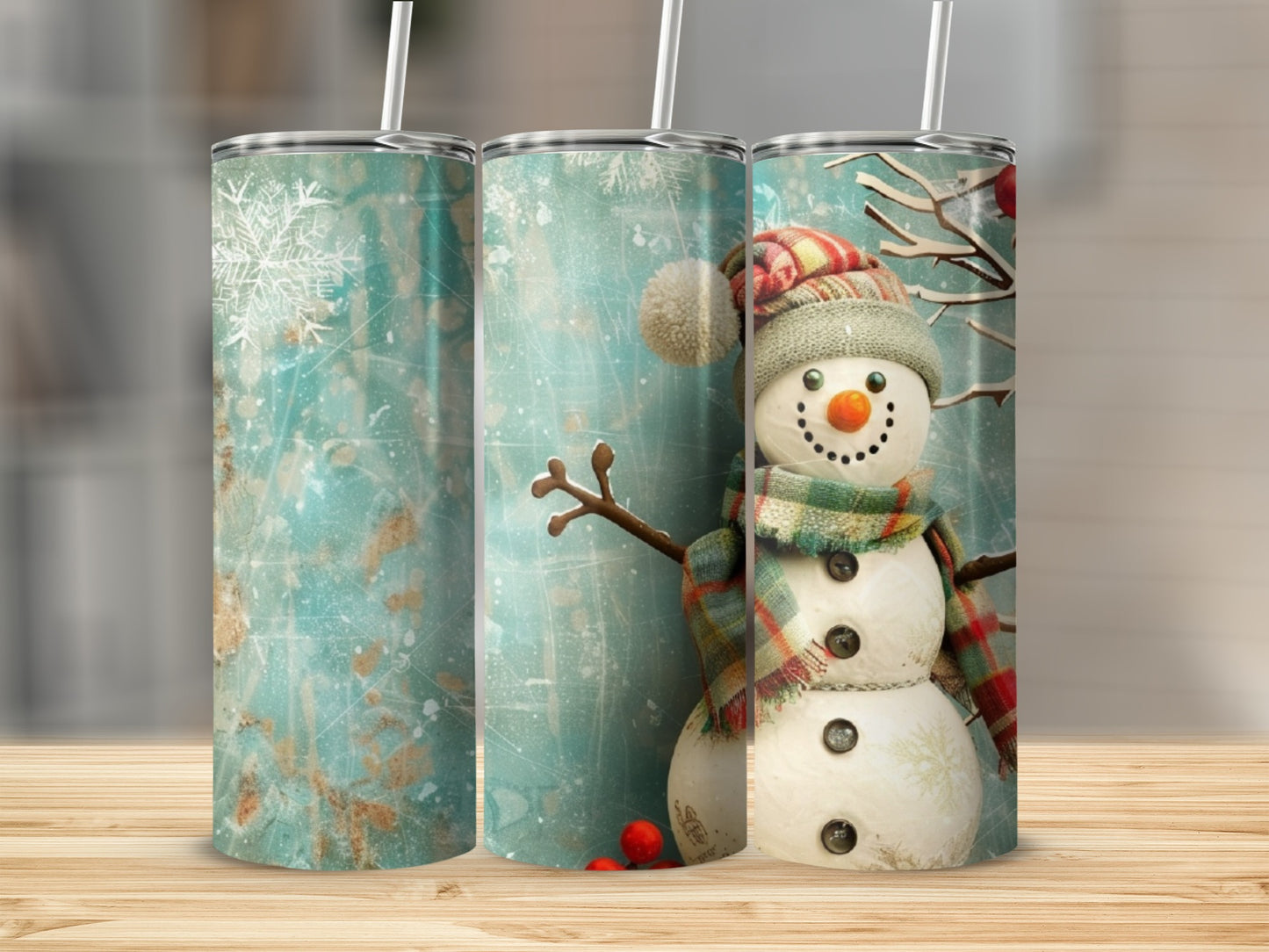 Snowman tumbler with festive scarf and hat, set against a winter background.