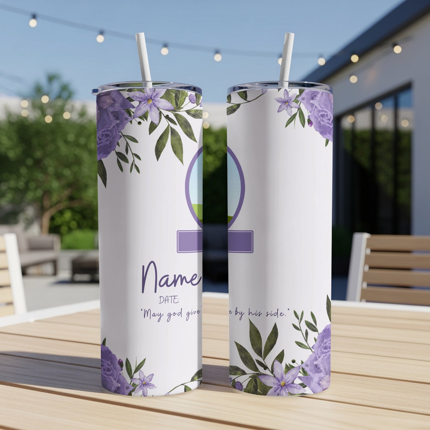 Two tumblers with purple floral accents and text "Name" and "May god give".