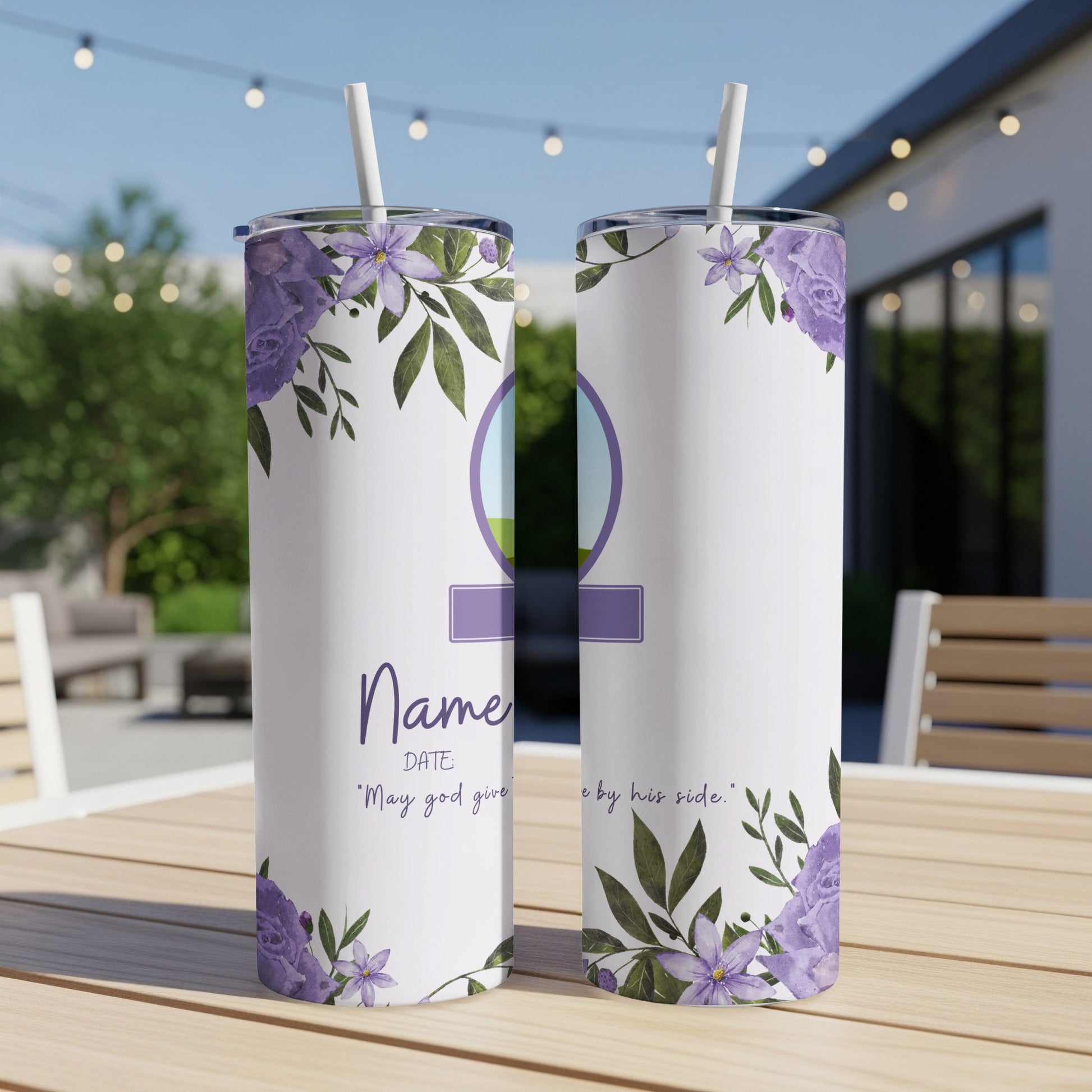 Two tumblers with purple floral accents and text "Name" and "May god give".