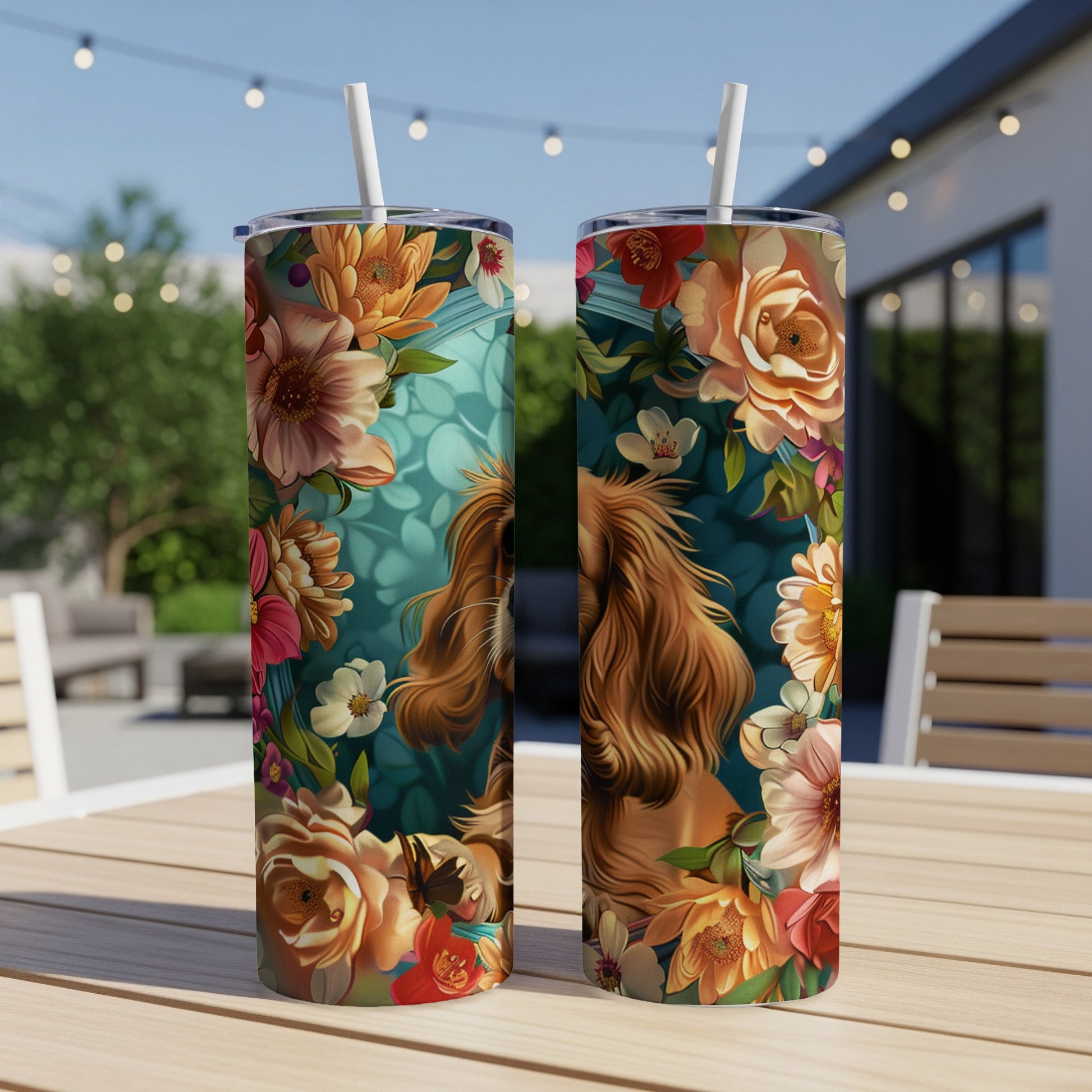 Two tumblers featuring a dog surrounded by colorful flowers.