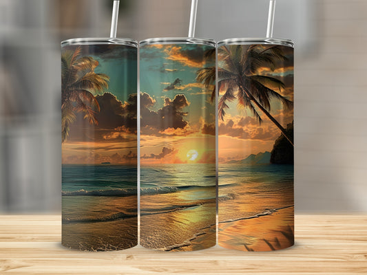 Tropical Beach Sunset Tumblers with Palm Trees Scenery