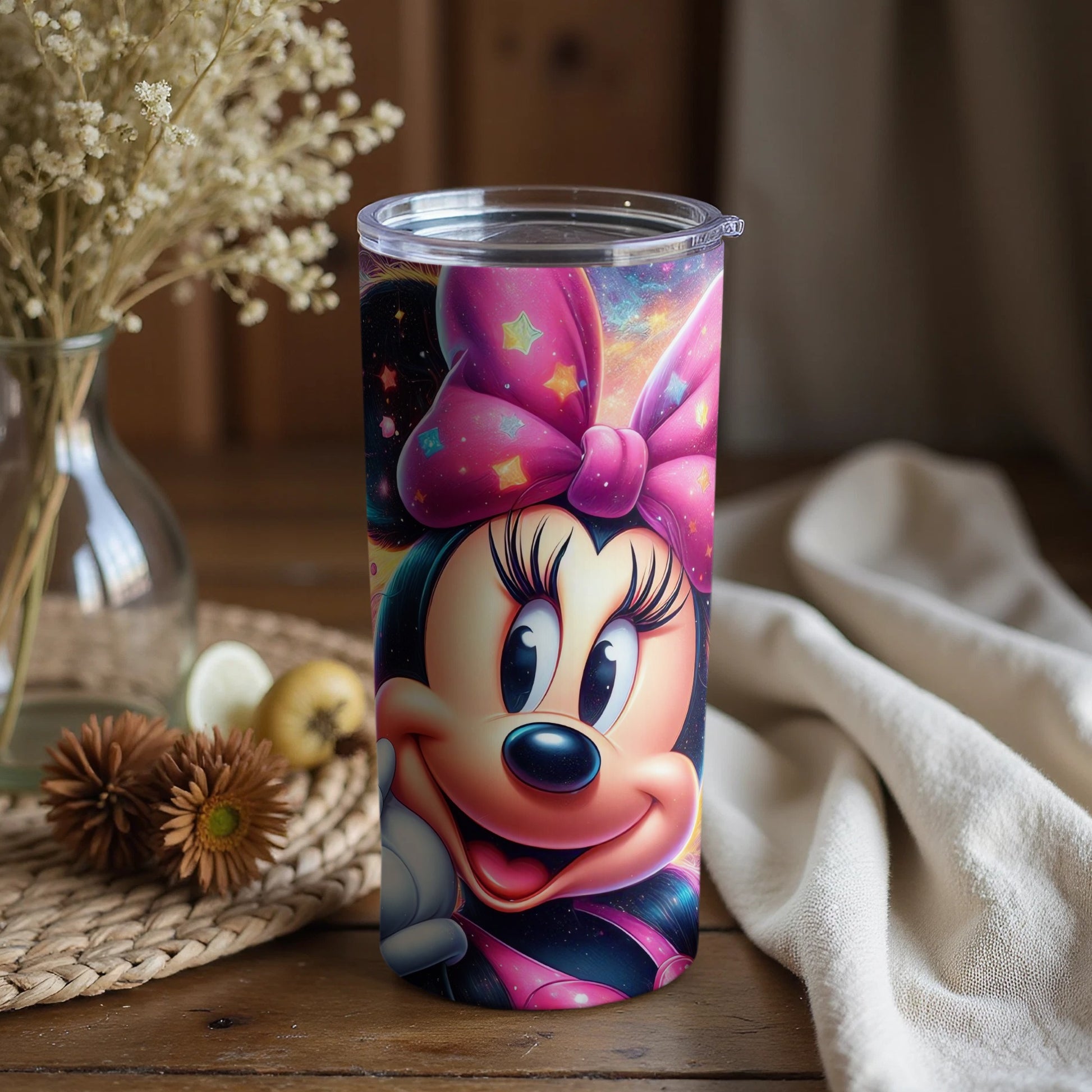 Vibrant Minnie Mouse Tumbler with Starry Background