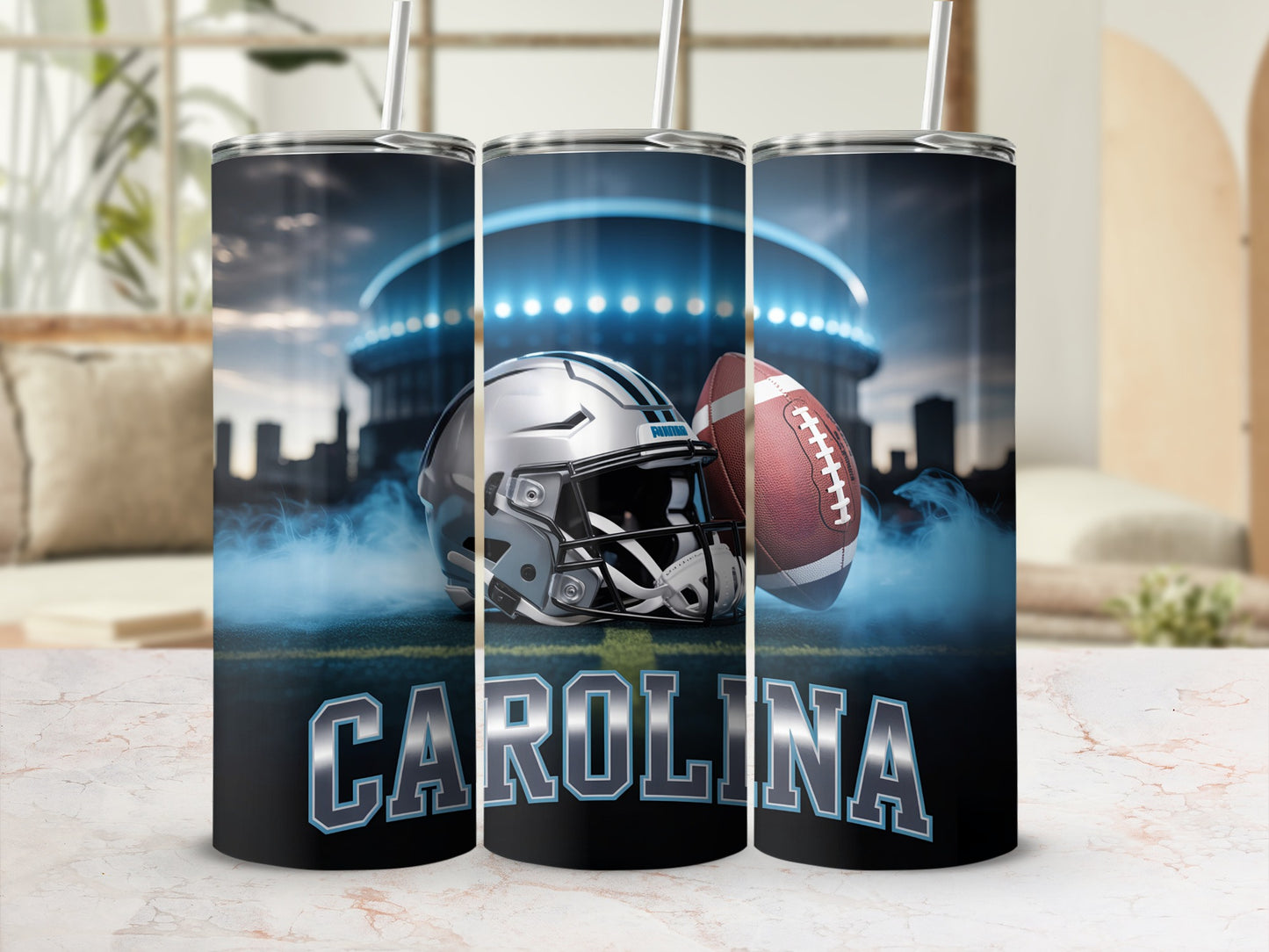 Carolina Panthers helmet and football on stadium background.