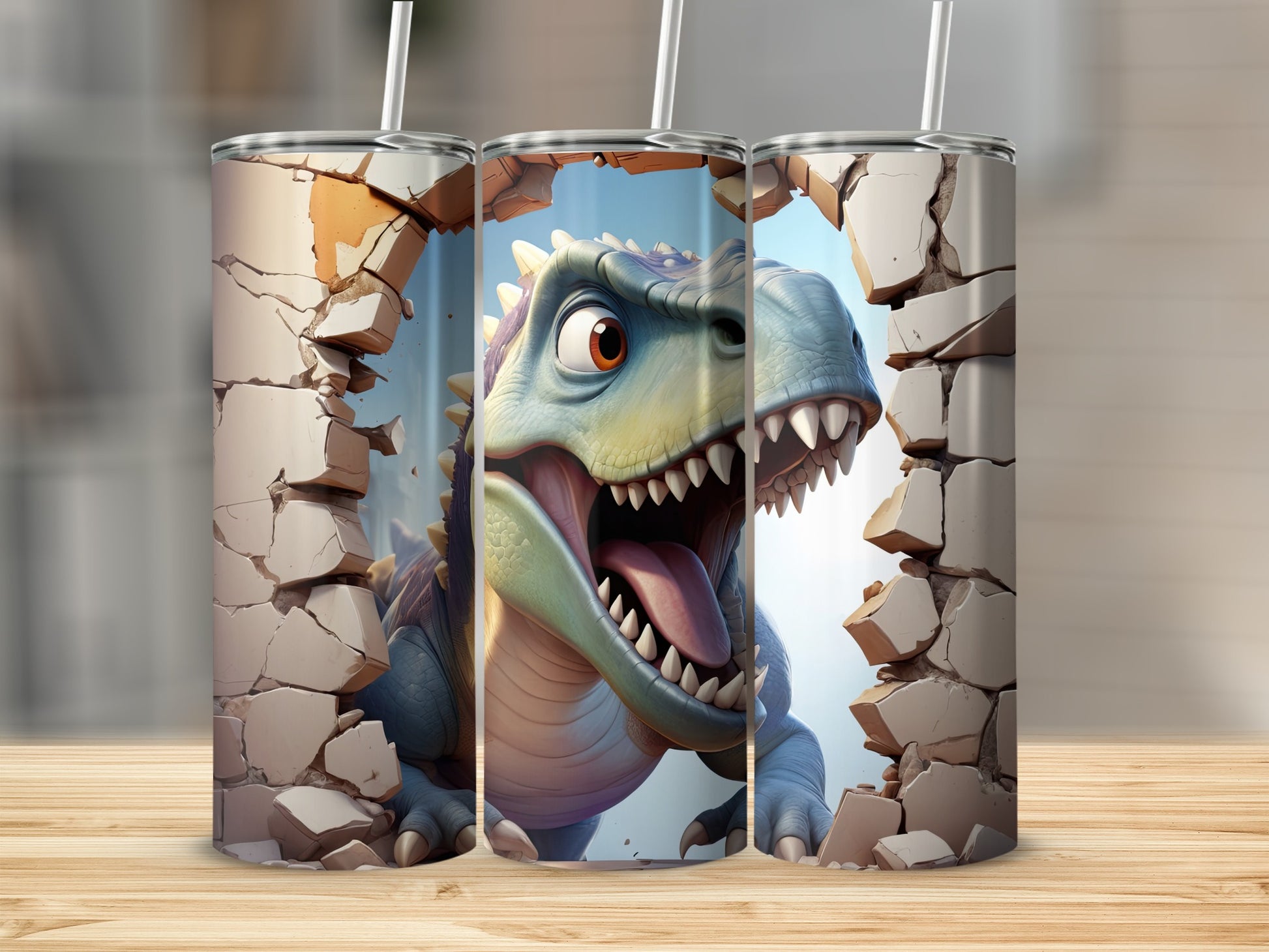 Dinosaur breaking through cracked wall, design for a tumbler.