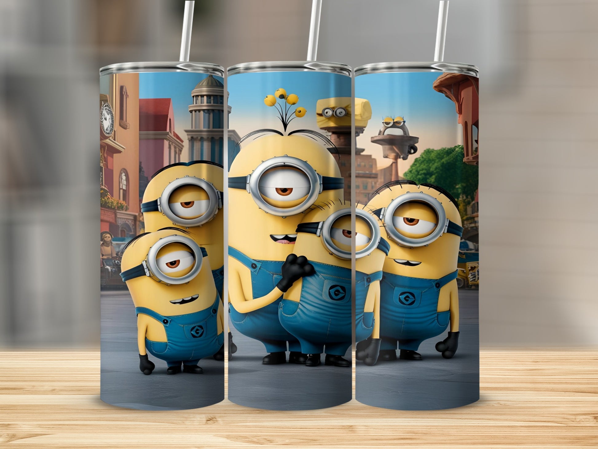 Minions in overalls standing together with city buildings in the background.