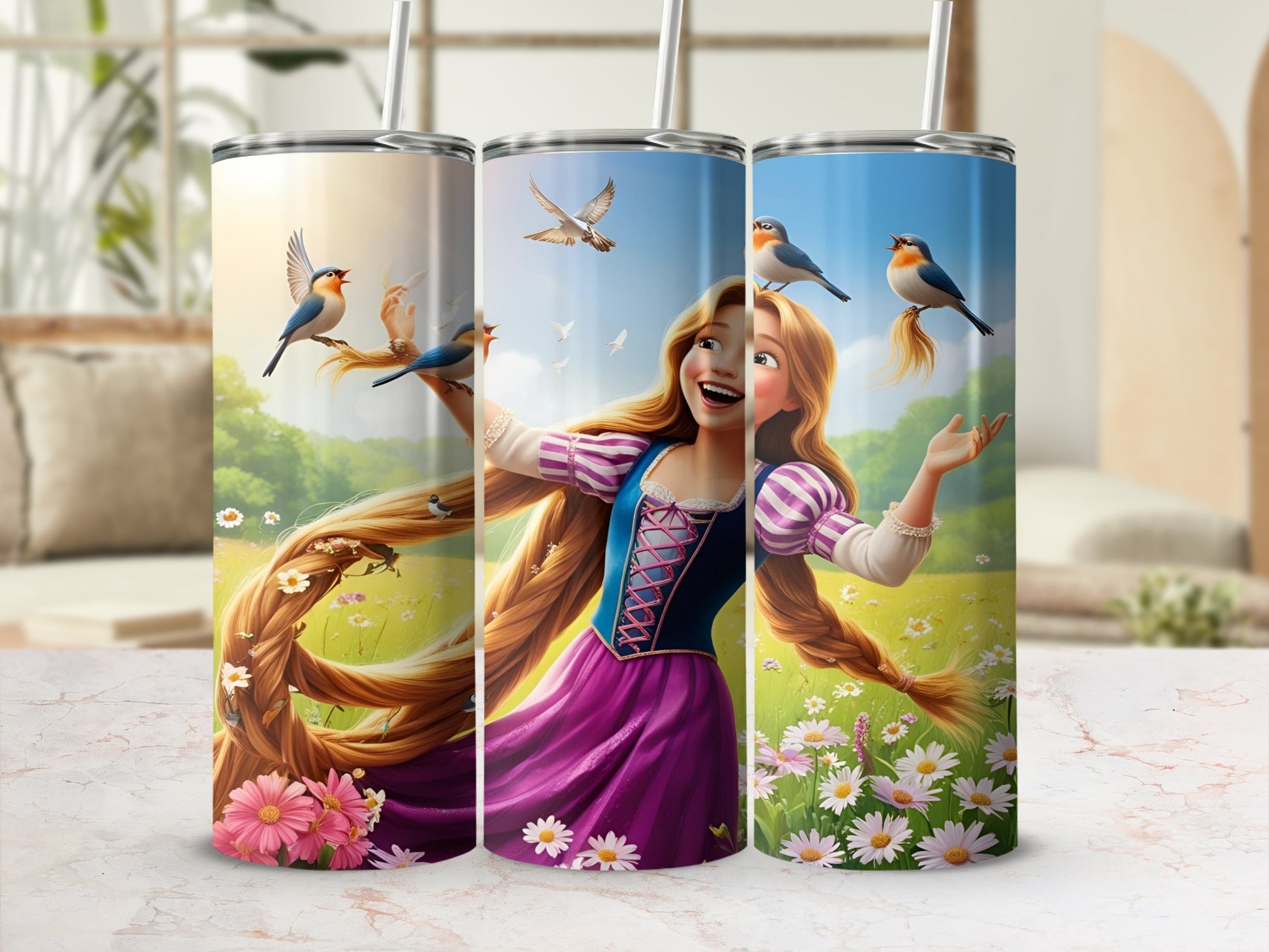 Rapunzel with long blonde hair and birds in a field of flowers.