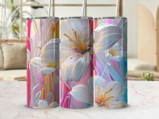 Three tumblers featuring abstract white floral art with vibrant colorful accents.