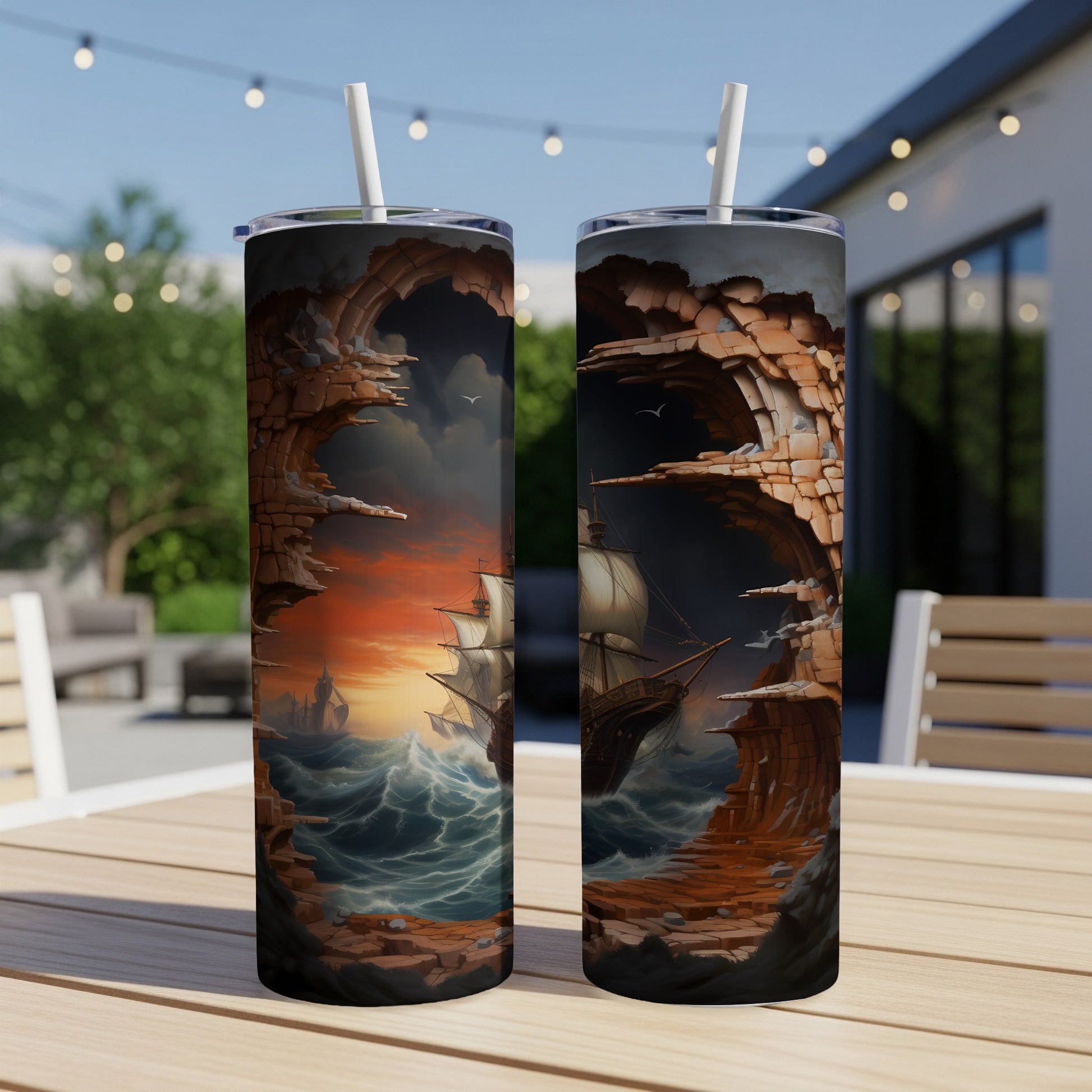 Two tumblers displaying a dramatic scene of sailing ships in rocky coves.