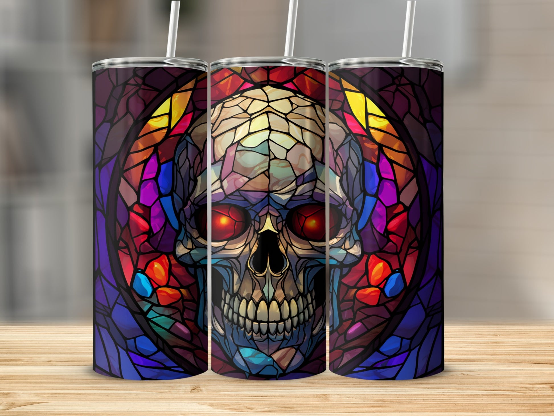 Stained glass skull with red eyes and butterfly details.