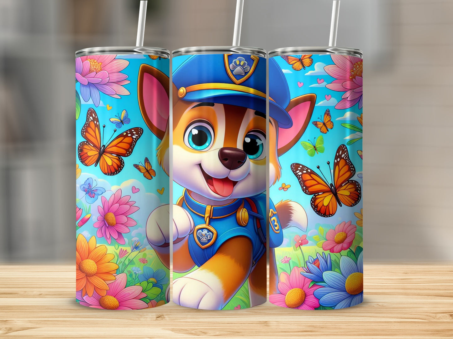 Cute Cartoon Dog with Butterfly and Flowers Tumbler