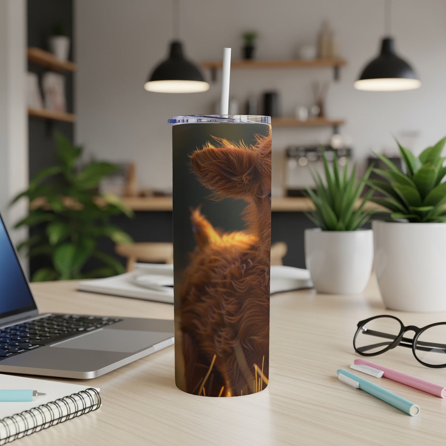 Furry brown cow's head on a skinny tumbler with a straw.