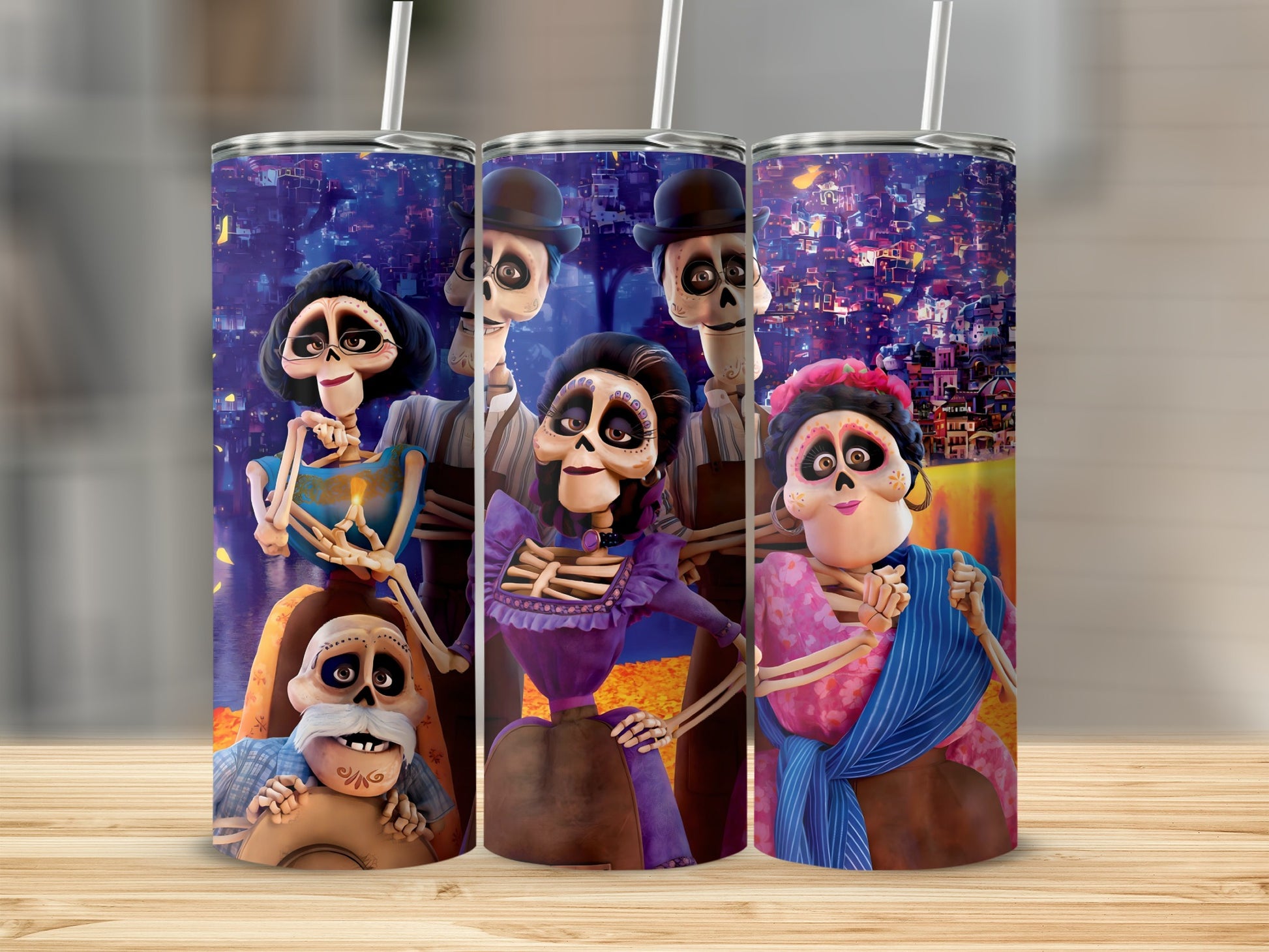 Vibrant Skeleton Family Design Tumbler with Straw Cup