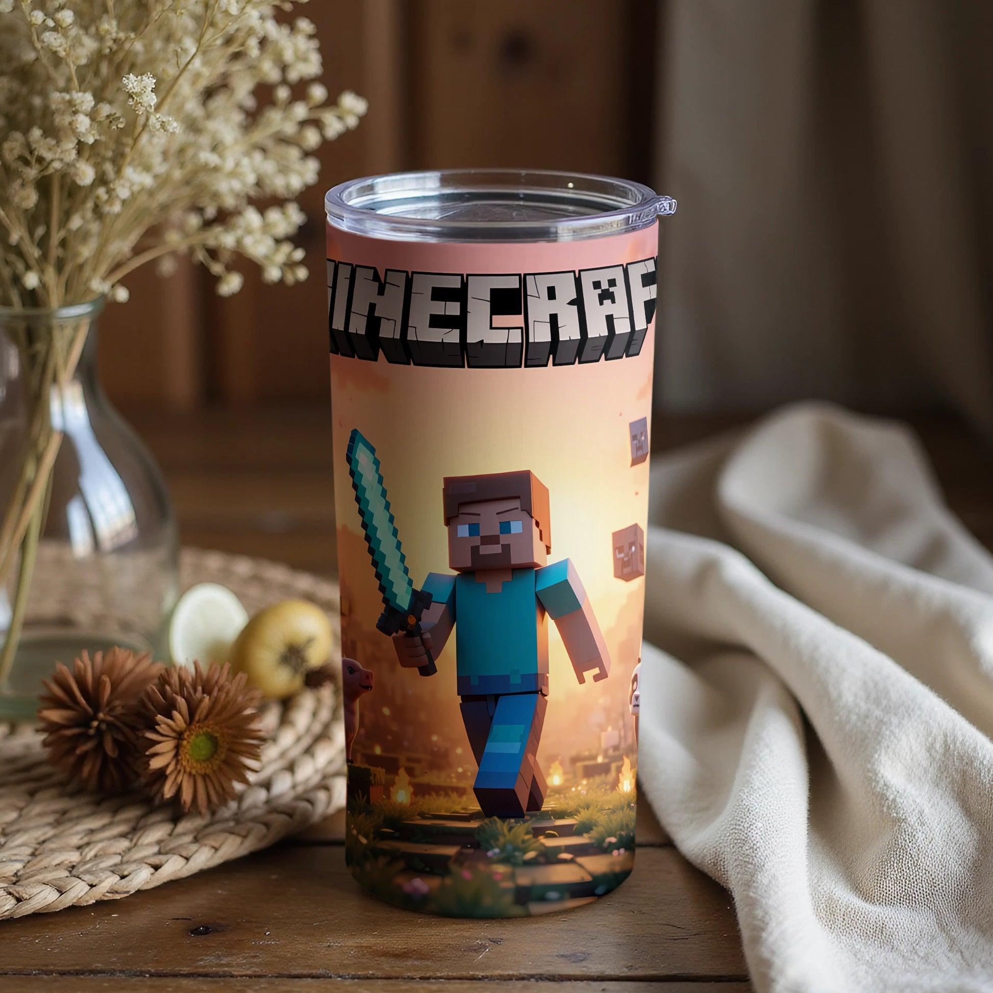 Minecraft-themed tumbler with iconic character design