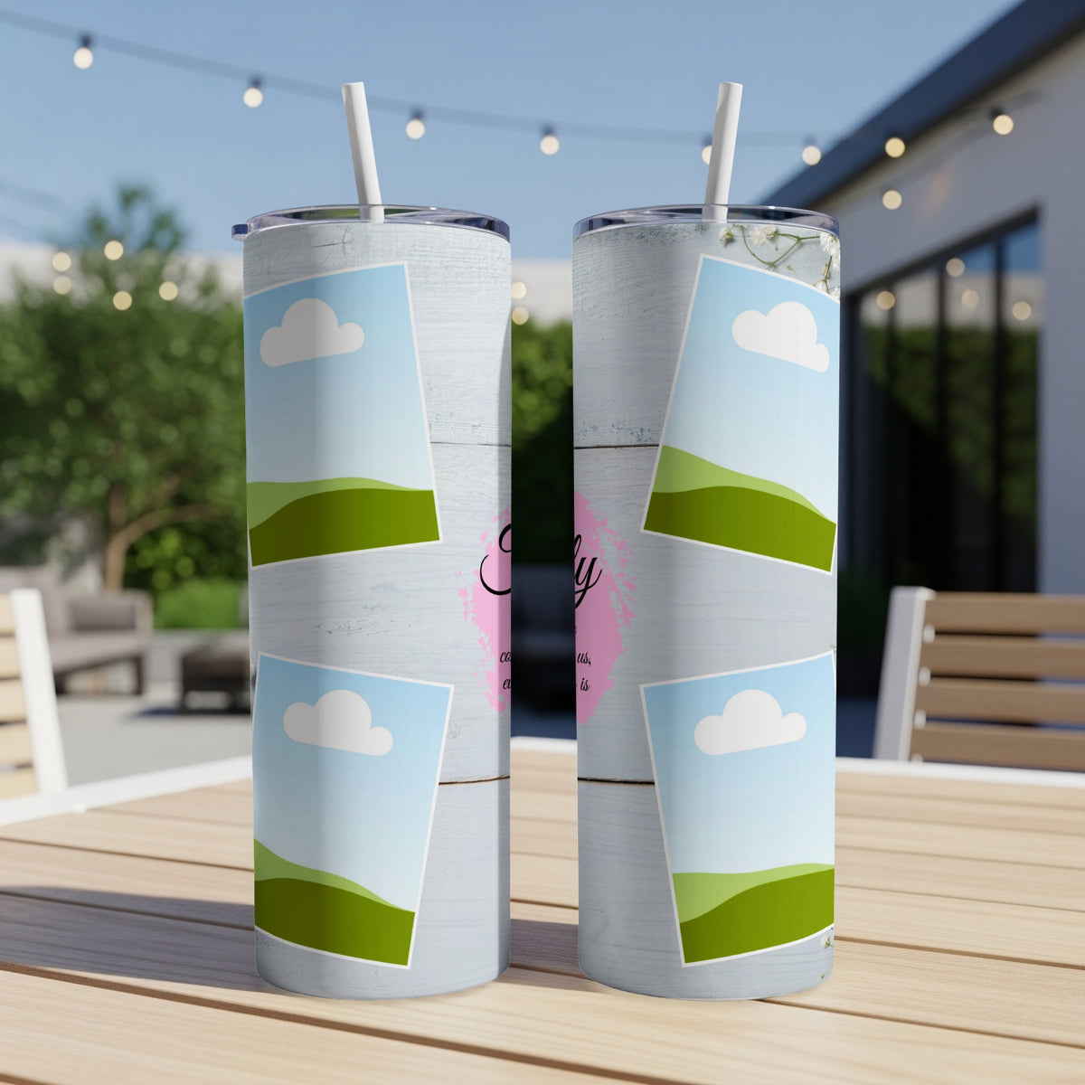 Two tumblers with cloud and landscape design, white wood pattern, and "Family" text.