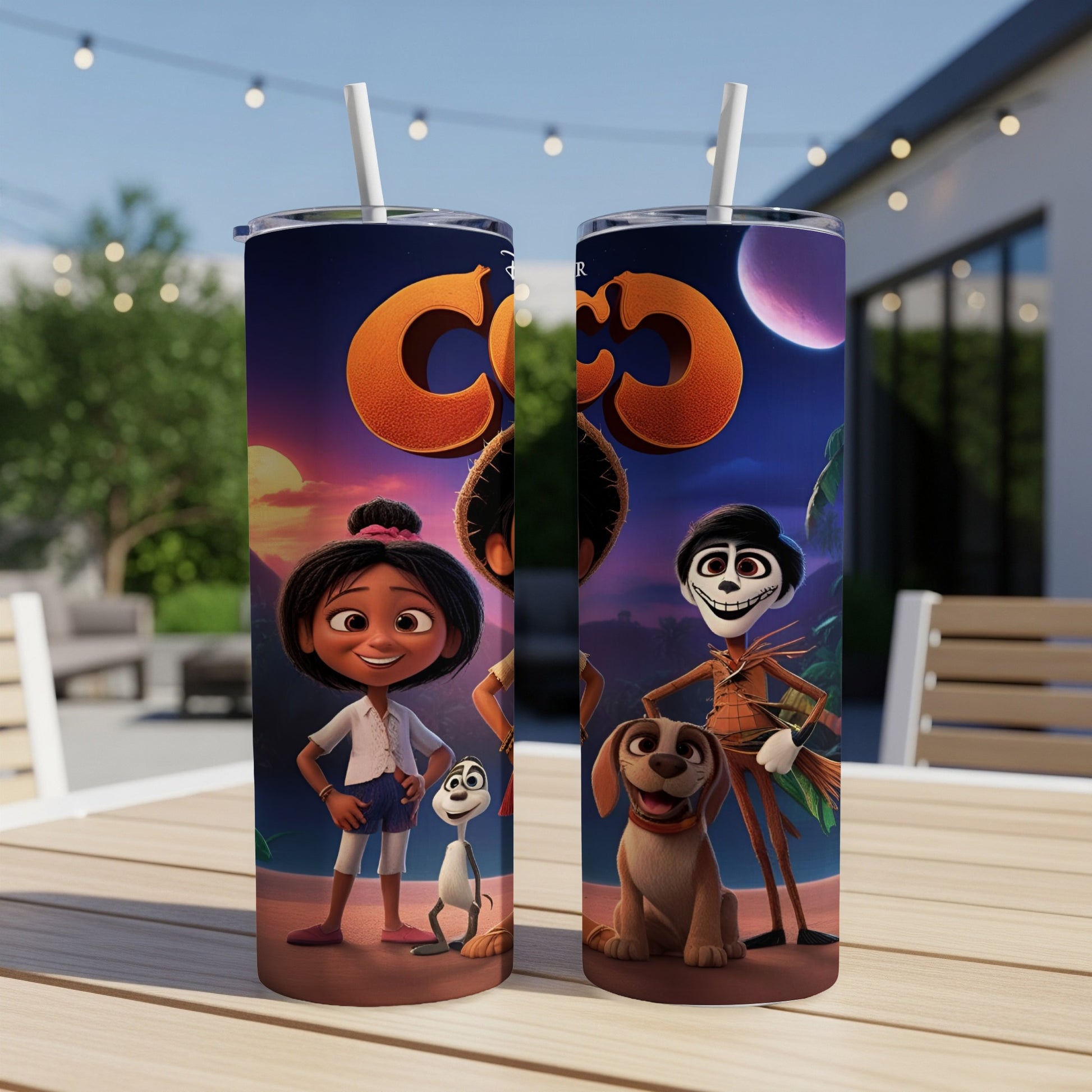 Two tumblers featuring characters from Disney's Coco movie.
