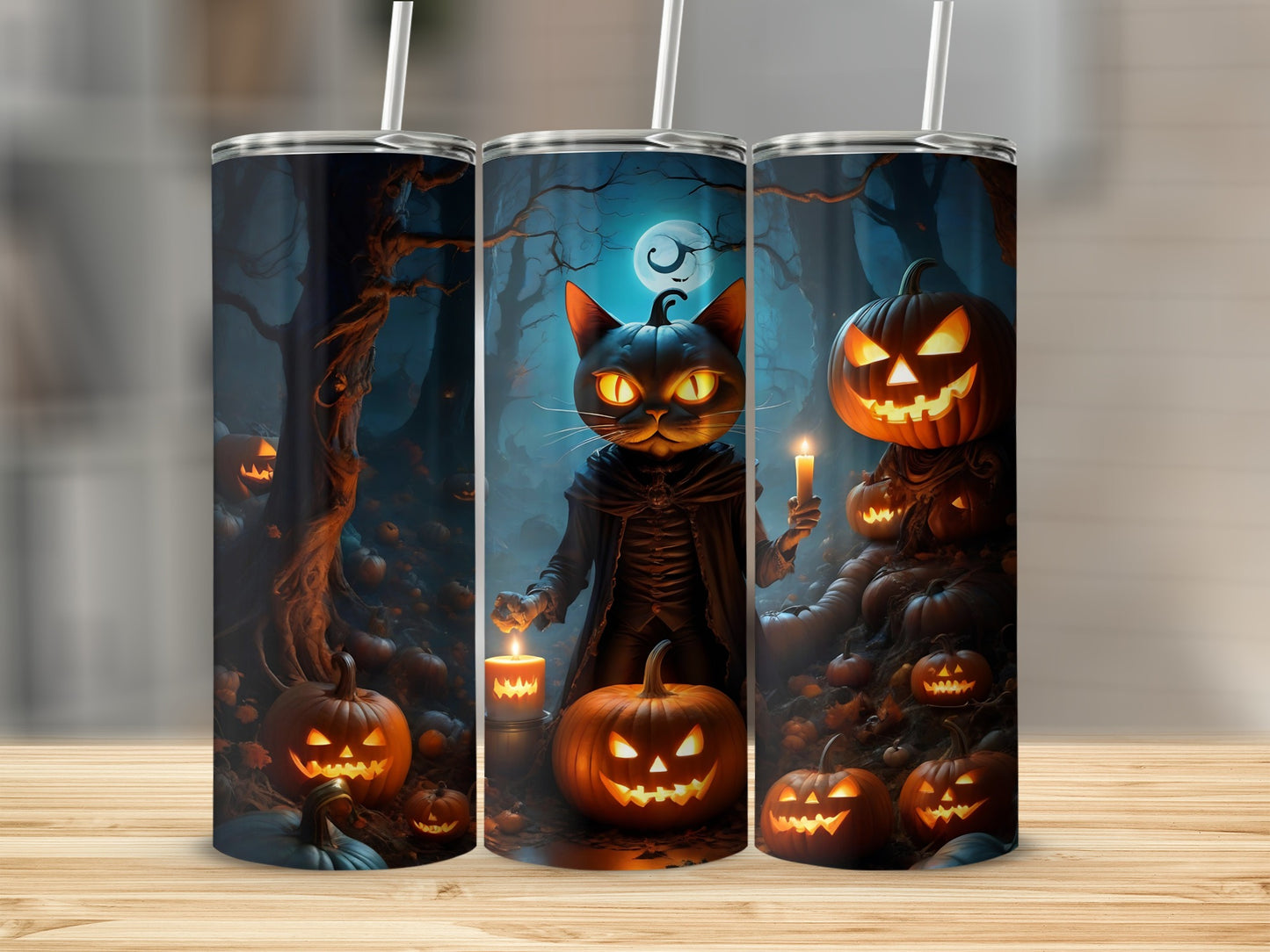 Three Halloween-themed tumblers featuring a black cat and jack-o'-lanterns in a spooky forest.