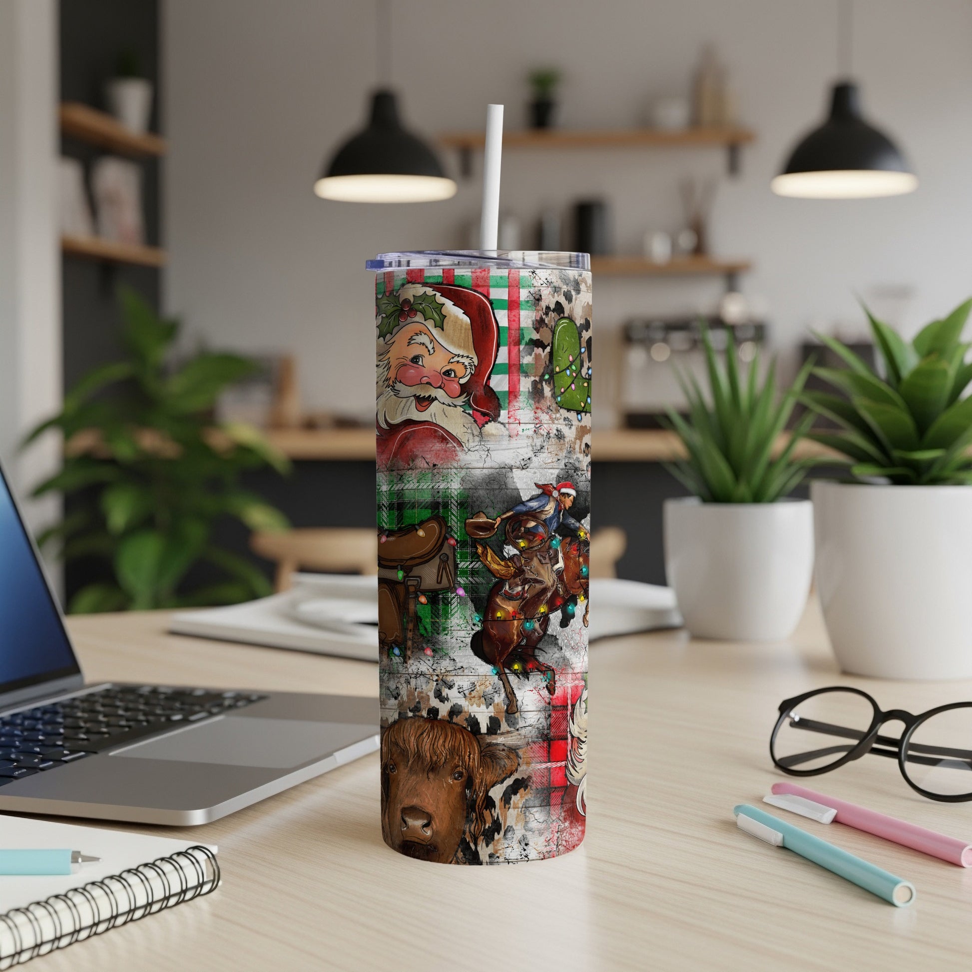 Christmas Santa, cows, and cowboys on a rustic plaid tumbler.