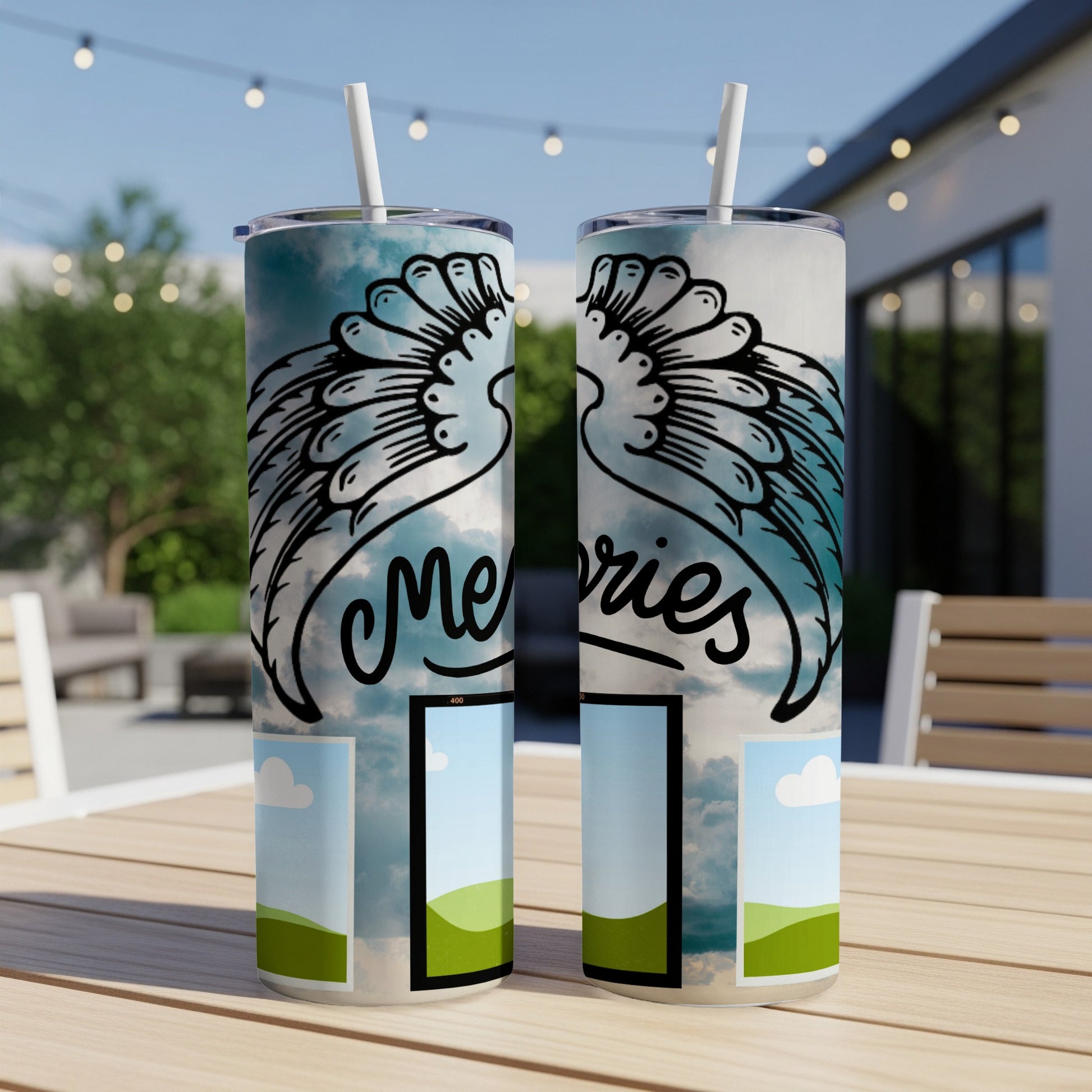Two tumblers with angel wings and the word "Memories" design.