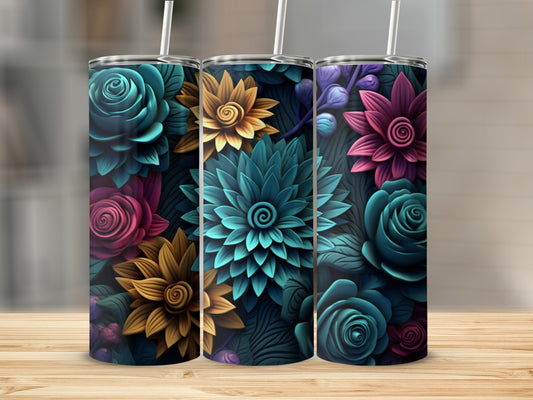 Three tumblers with floral designs in shades of teal, gold, and magenta.