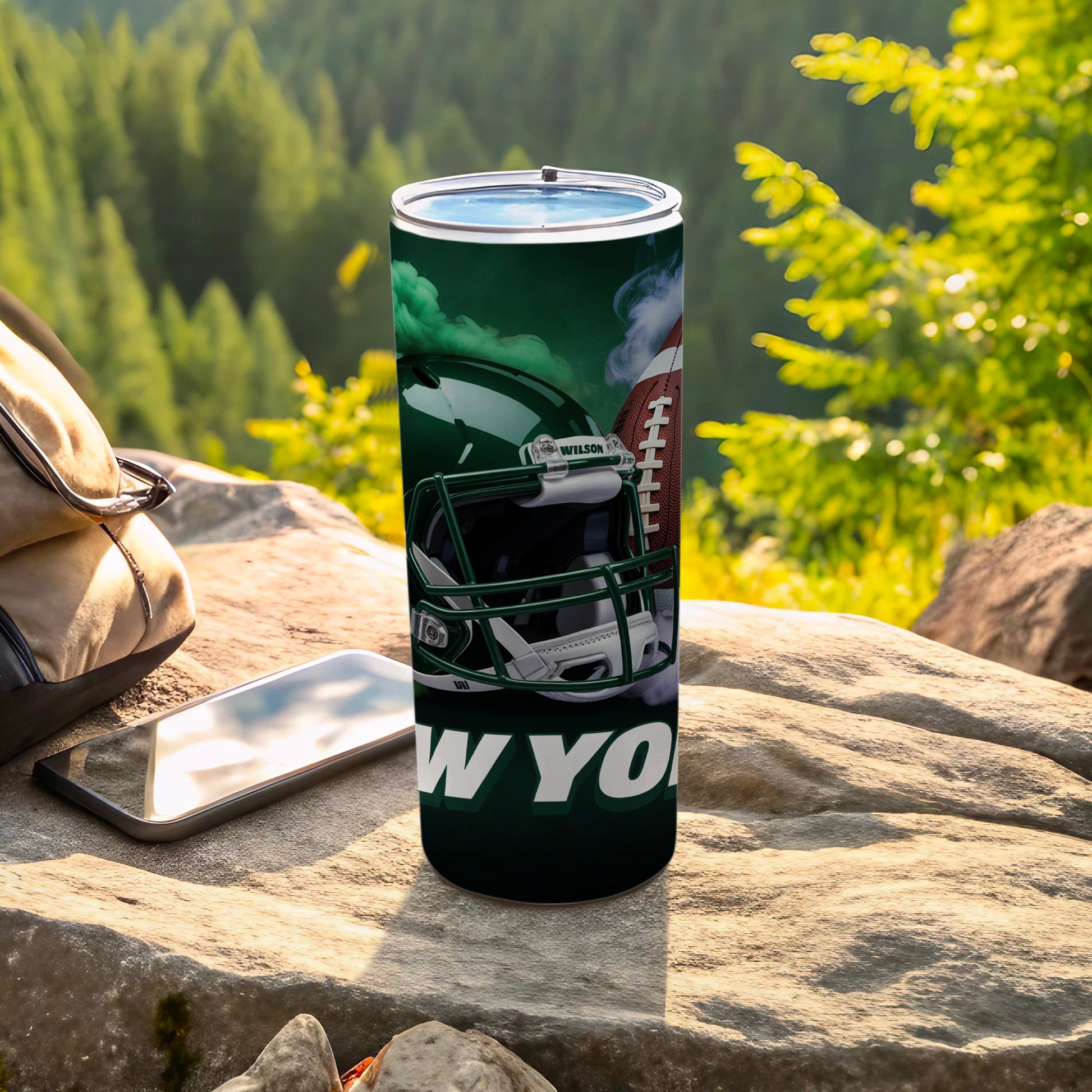 New York Jets football helmet and ball on a tumbler.