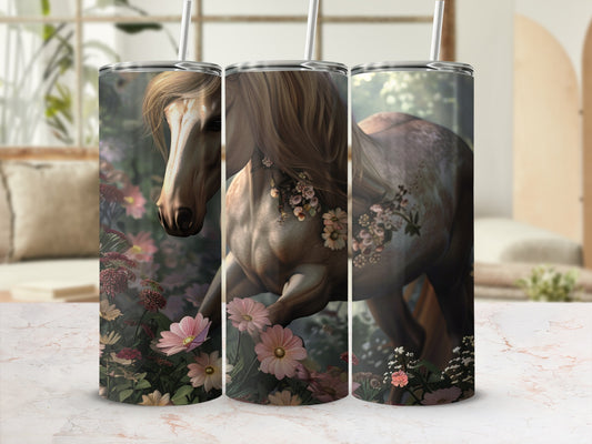 Horse with floral accents and blurred background on a tumbler.