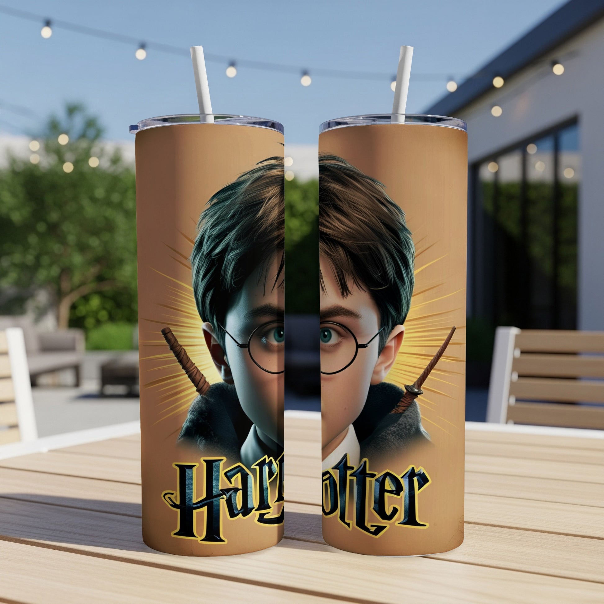 Harry Potter tumbler with character portrait and wand on a table.