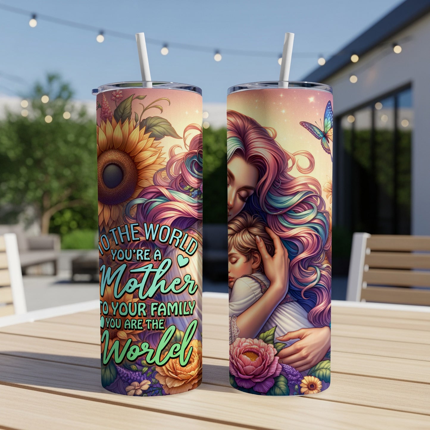 Mother's Day tumbler with floral and butterfly art and "To the world you're a mother" text.