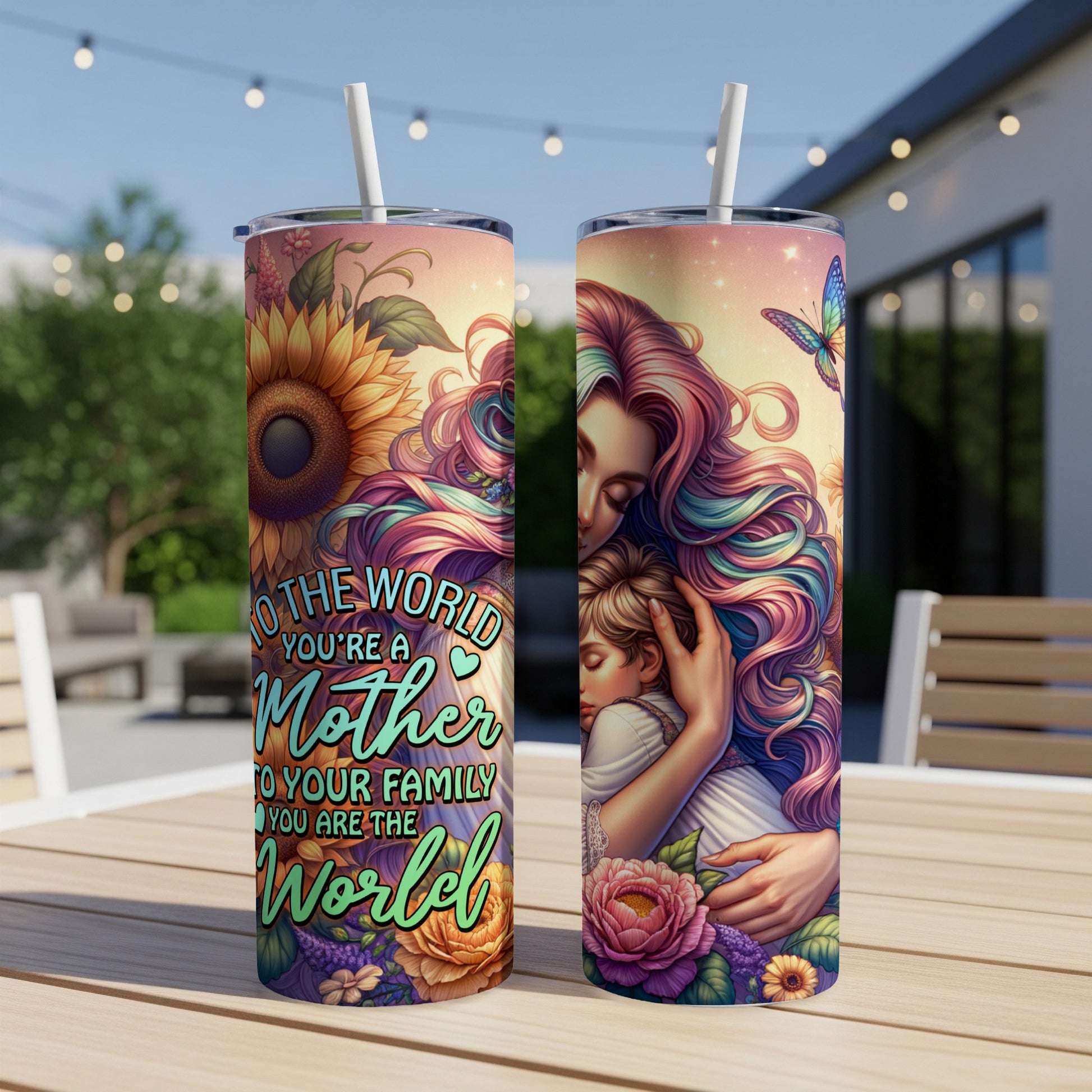 Mother's Day tumbler with floral and butterfly art and "To the world you're a mother" text.