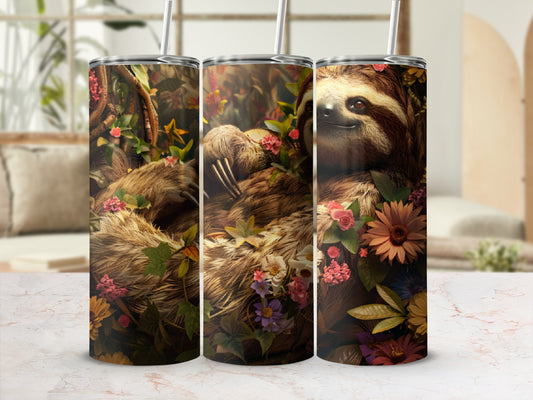 Three tumblers featuring a sloth amongst flowers and greenery.