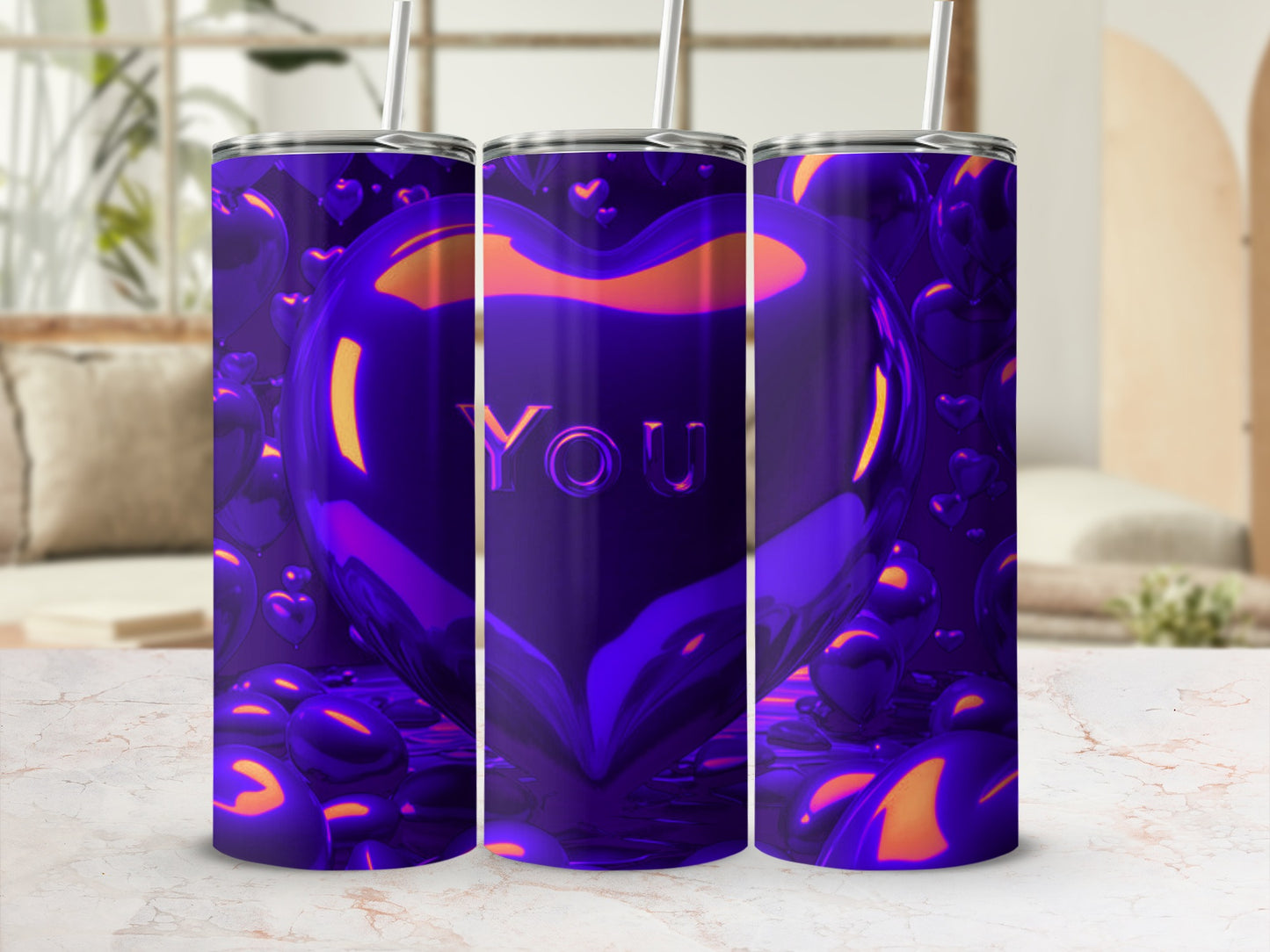 Purple metallic heart tumbler with "You" text and pink background.