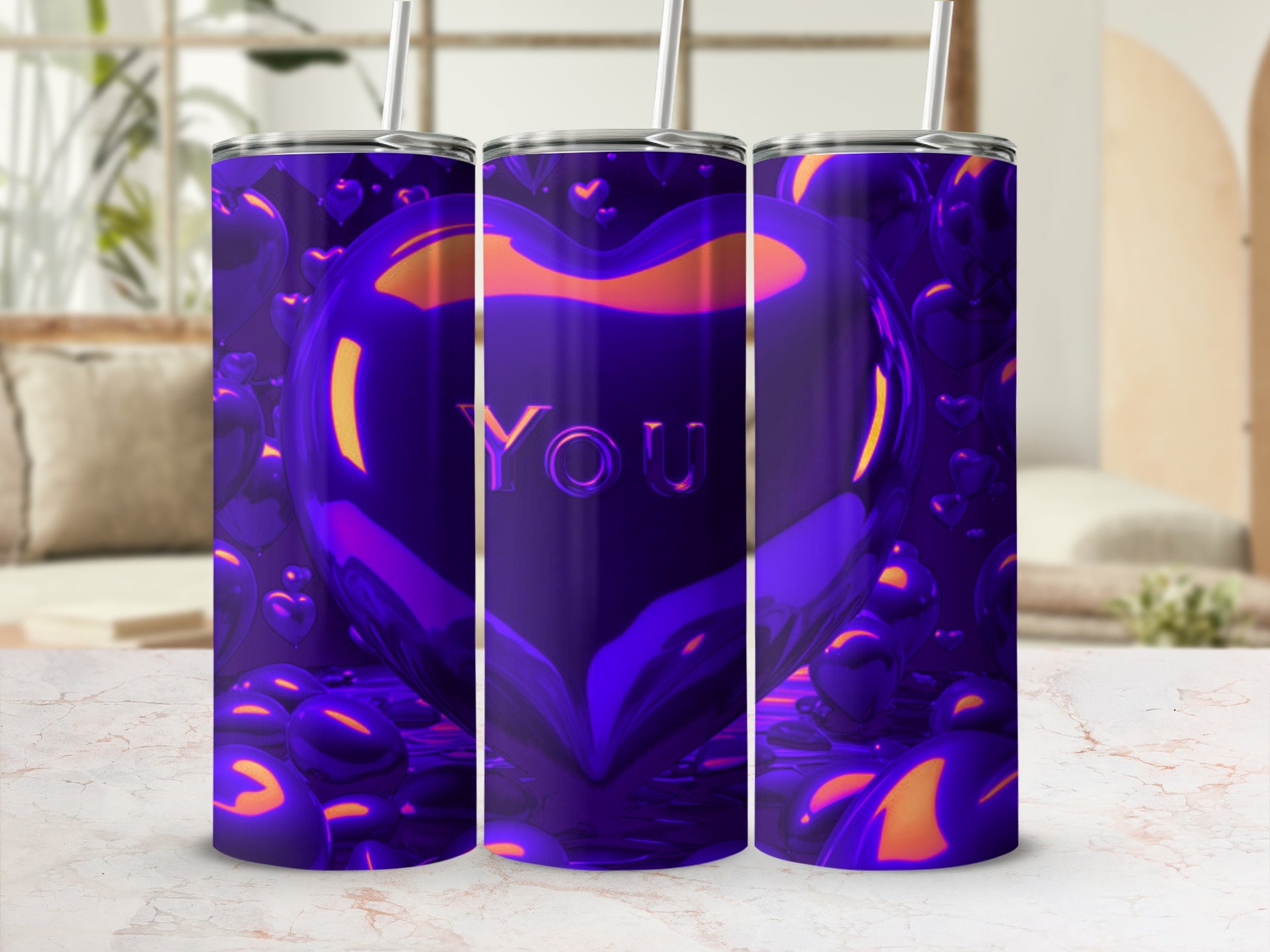 Purple metallic heart tumbler with "You" text and pink background.