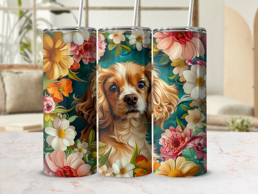 Golden retriever dog surrounded by colorful flowers on a tumbler.