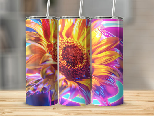 Three tumblers with a vibrant sunflower design and neon accents.
