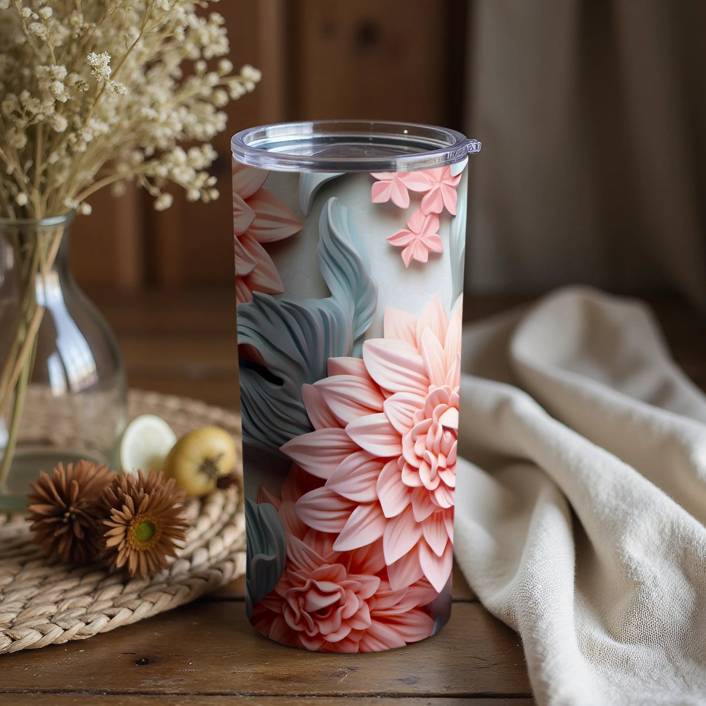 Floral Design Tumbler with Lid Travel Mug