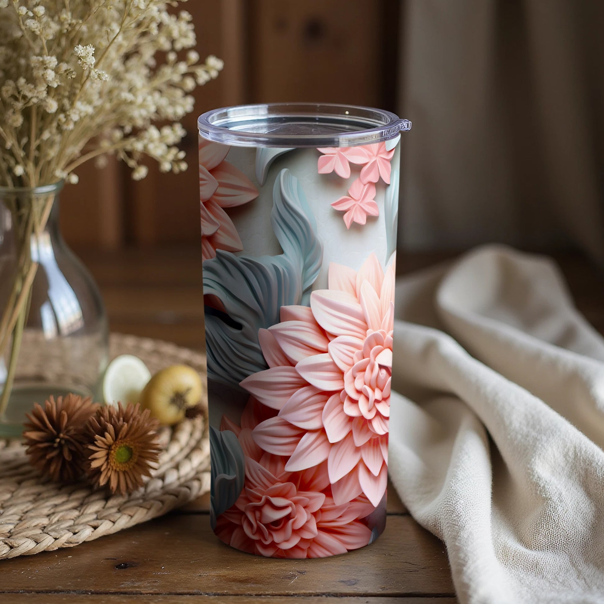 Floral Design Tumbler with Lid Travel Mug