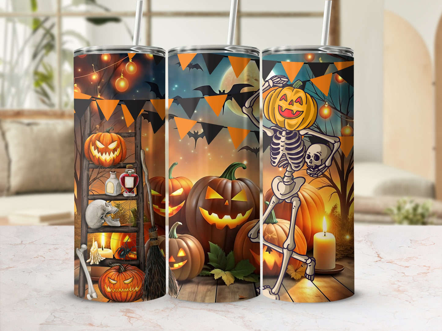 Halloween themed tumbler with pumpkins, skeleton, bats, and festive lighting.