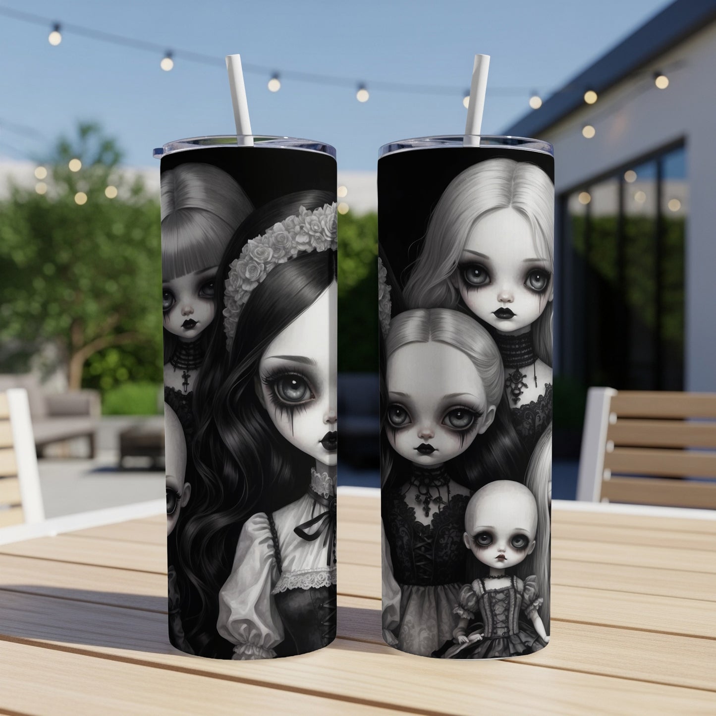 Two gothic-style tumblers featuring doll-like characters.