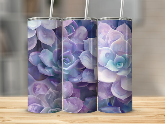 Three tumblers with purple and blue succulent floral patterns.