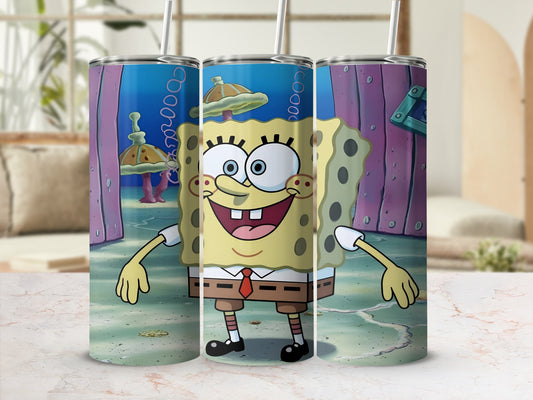 SpongeBob SquarePants character on a tumbler with a coral reef background.