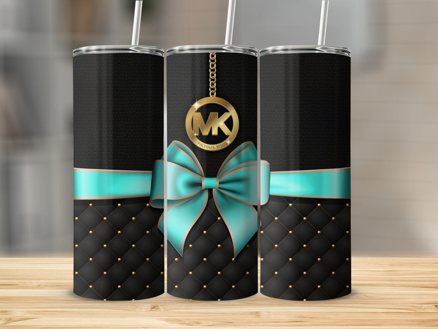 Stylish Black Tumbler with Blue Bow and Gold Accent