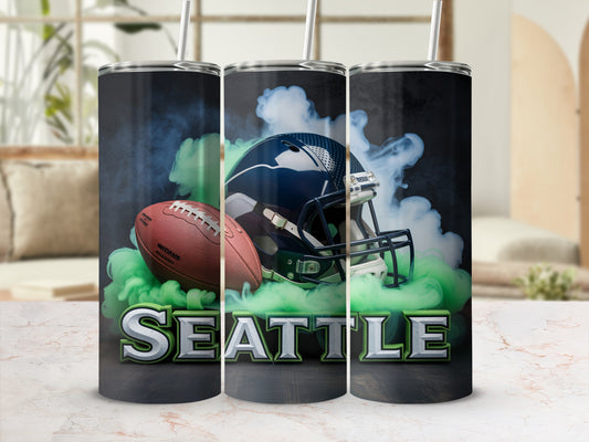Seattle Seahawks helmet and football with green smoke.