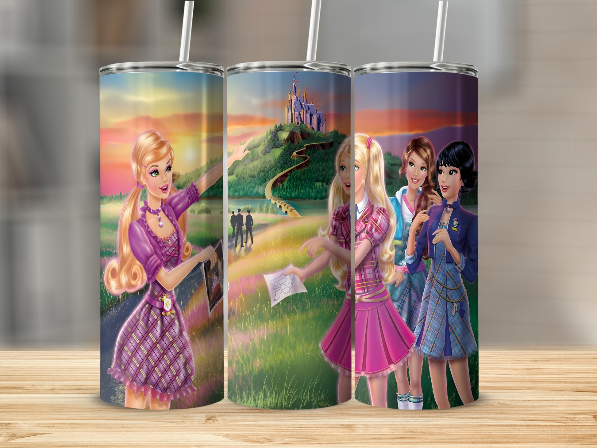 Three Barbie characters on a hill overlooking a village with a sunset.