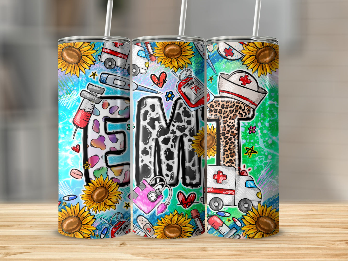 EMT tumbler with medical icons and sunflowers on a blue background.