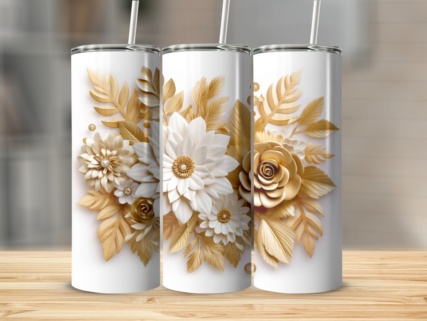 Elegant White and Gold Floral Design Tumbler Cup
