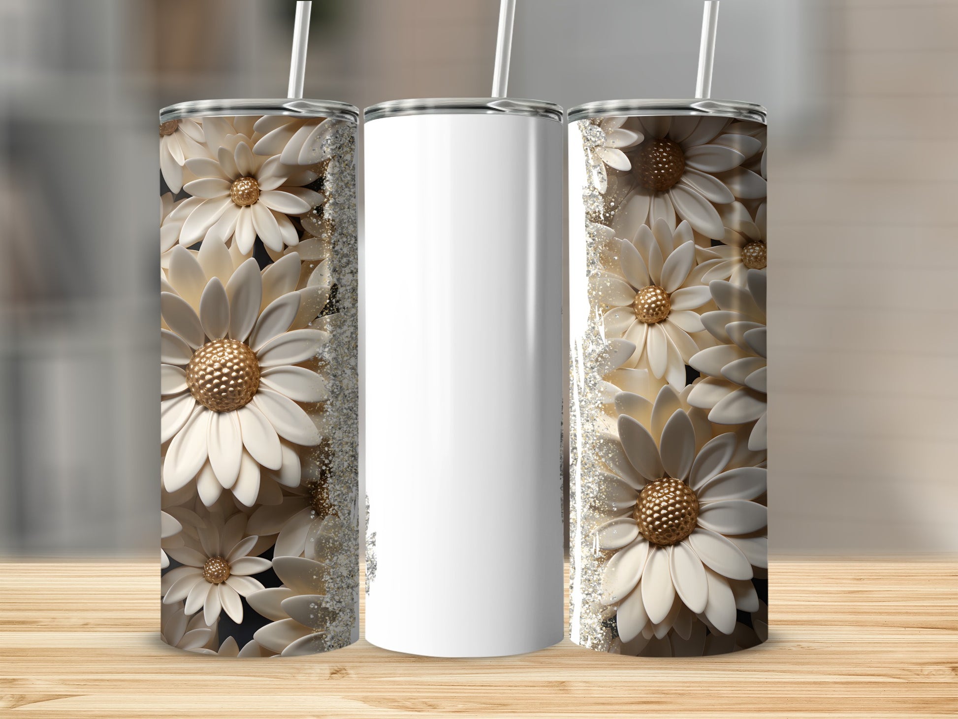 White tumbler with white and gold floral pattern and straw.