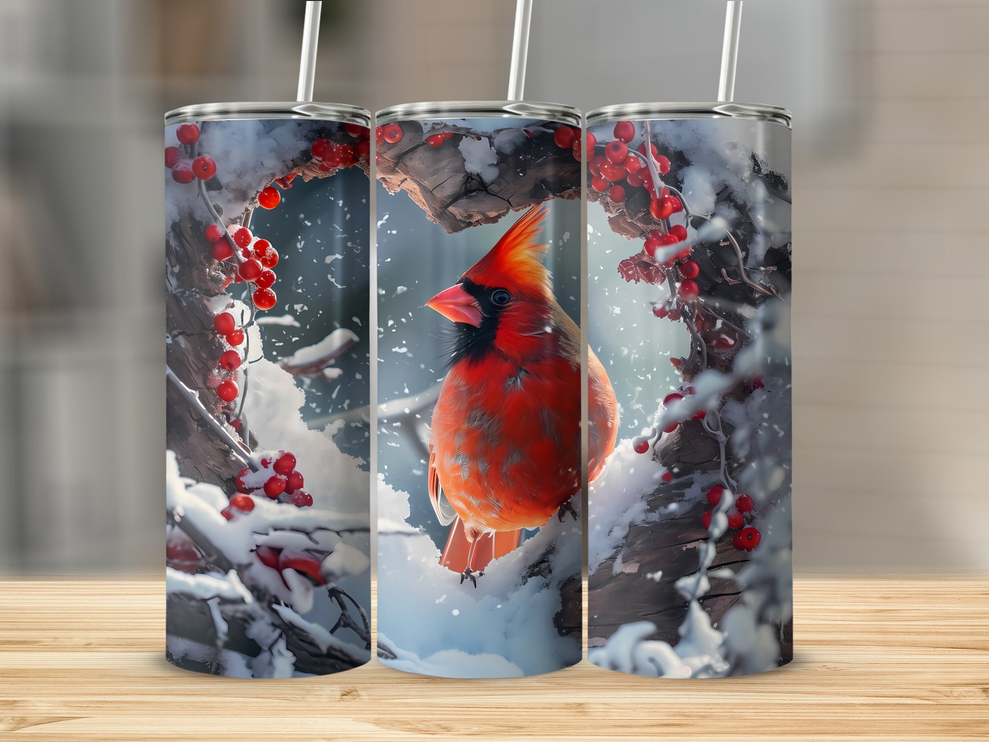 Three cardinal tumblers featuring a close-up of a cardinal in snow.