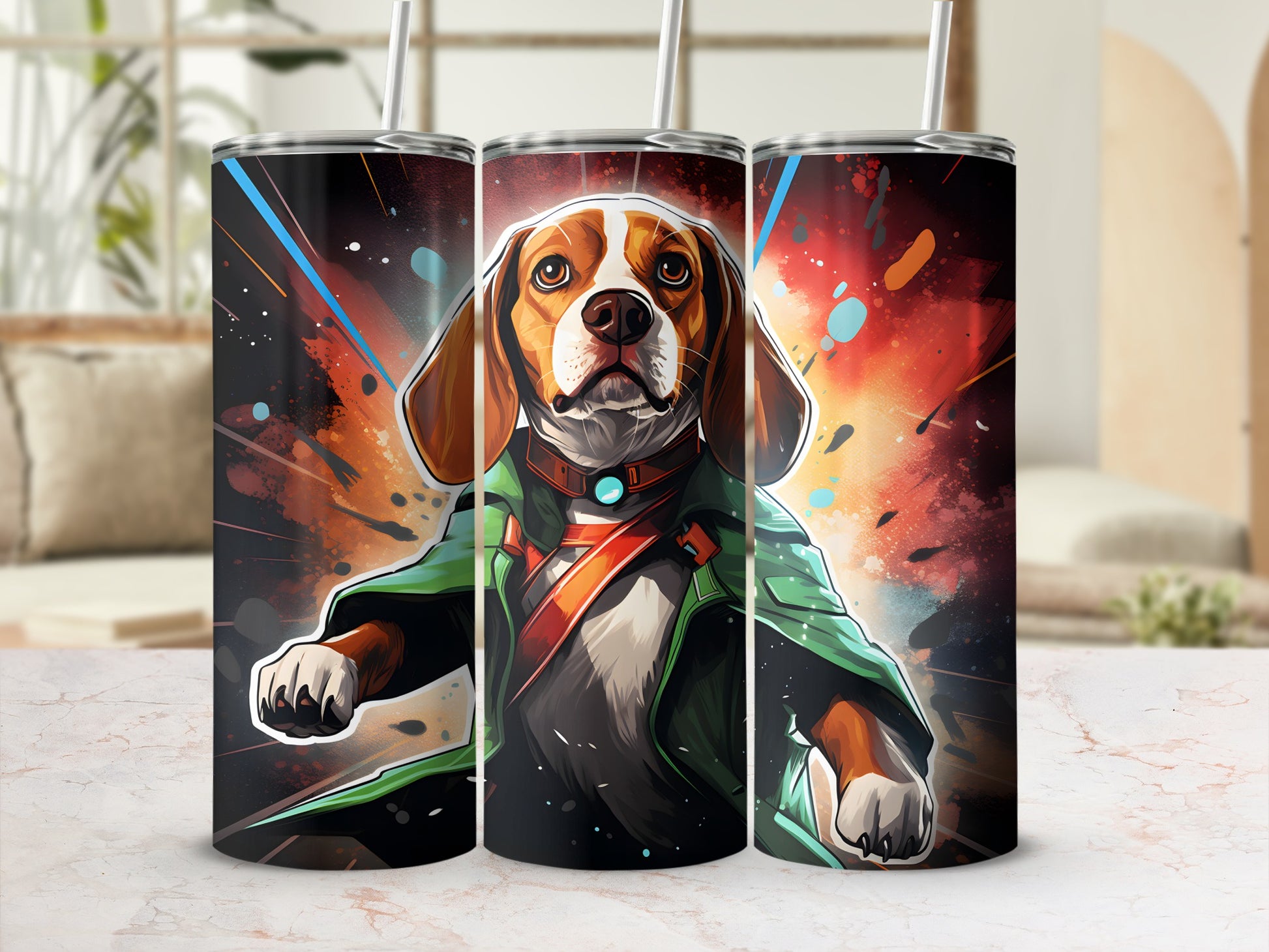 Beagle in a green coat and red harness, abstract colorful background.