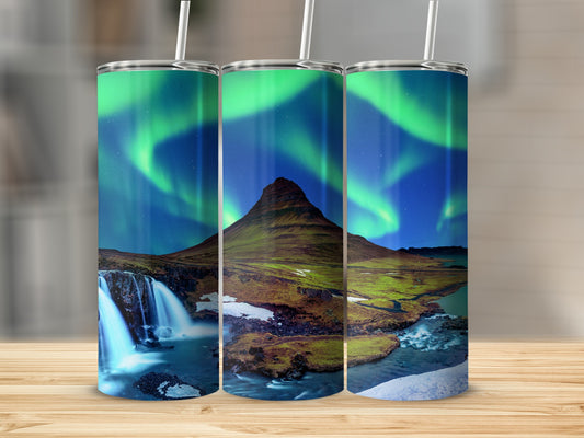 Stunning Northern Lights Tumbler with Mountain and Waterfall Scene